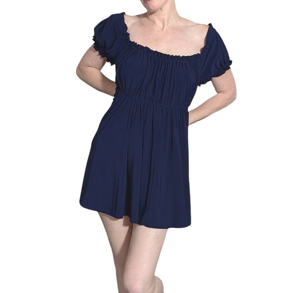 Norma Kamali Timeless Navy Blue Peasant Mini Dress Ruched Stretch Size L